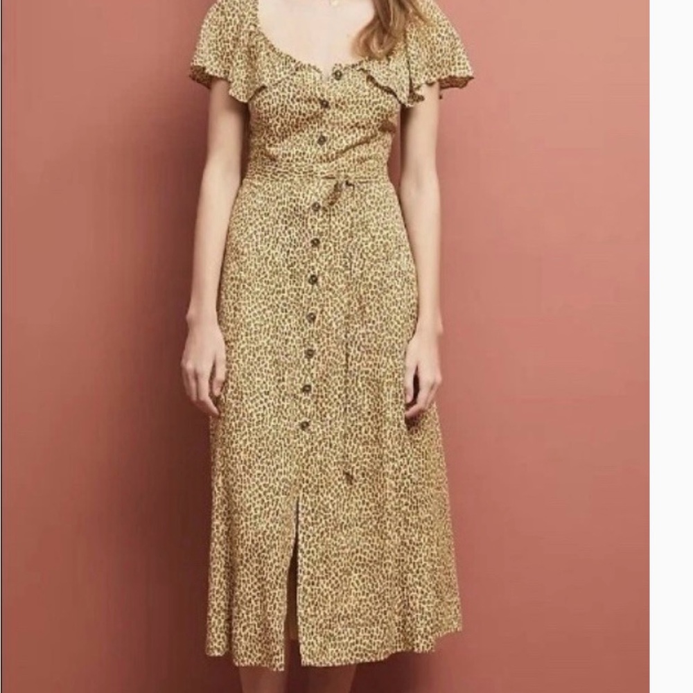 Anthropologie Tan Leopard Button-Down Midi Dress